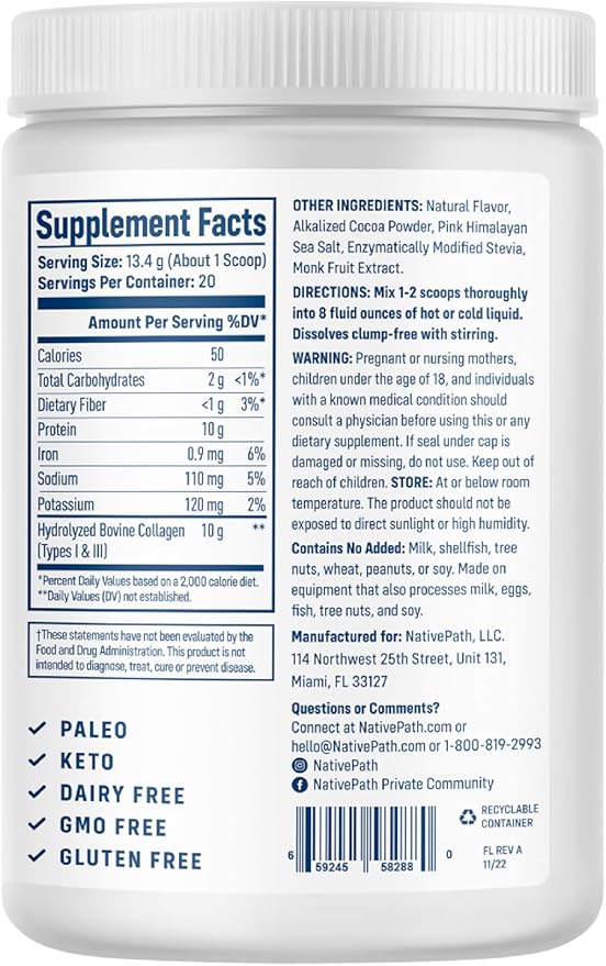 NativePath Collagen Peptides - Hydrolyzed Type 1 &amp 3 Collagen. Keto &amp Paleo Grass-Fed Protein Powder for Hair Skin Nails Bones Joints Digestion and More - No Gluten or Dairy (Chocolate 2