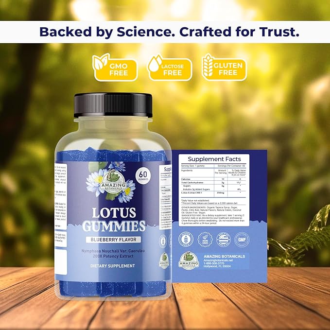 Amazing Botanicals Blueberry Lotus Flowers Gummies – Premium Relaxation &amp Calm Support – Vegan Non-GMO Gluten-Free Herbal Supplement 250MG - Berry Flavor (60 Count)