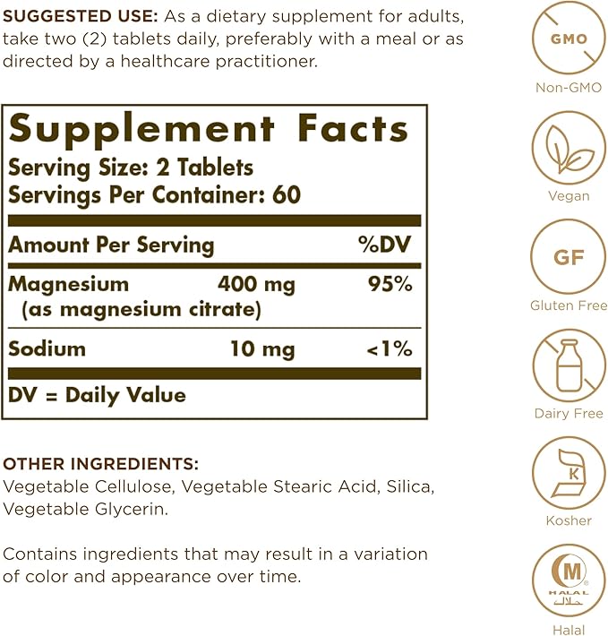 Solgar Magnesium Citrate - 120 Tablets Pack of 2 - Promotes Healthy Bones Supports Nerve &amp Muscle Function - Highly Absorbable - Non-GMO Vegan Gluten Free Kosher - 120 Total Servings