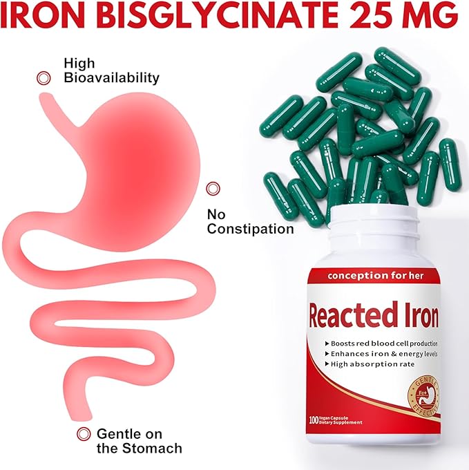 Reacted Iron - Iron 30mg (Ferrous Bisglycinate 325mg) for Red Blood Cell &amp Energy Support - Supports Anemia Fatigue - No Constipation-100 Capsules