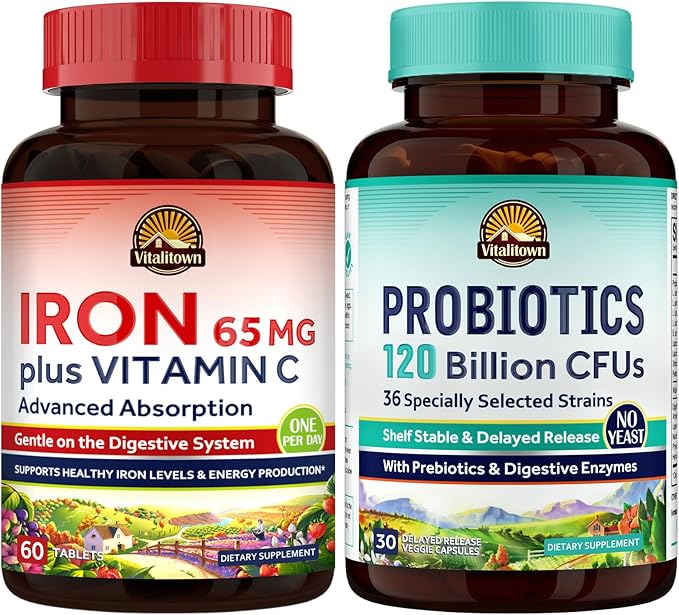 Vitalitown Probiotic + Iron Supplement Bundle | Probiotics 120 Billion (Item 1) &amp 65mg Iron Suplement (Item 2) | Gut Bone Muscle Blood Building Energy | Vegan | 30 Capsules &amp 60 Tablets