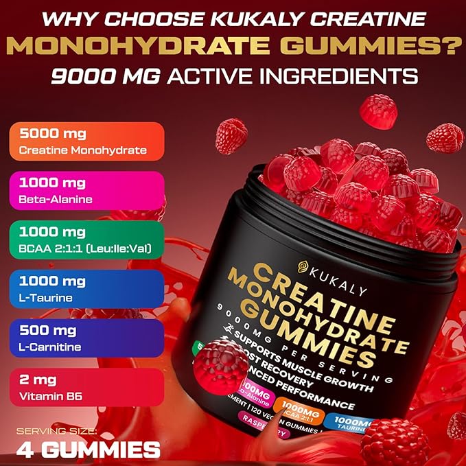 Creatine Monohydrate Gummies for Men &amp Women 9000MG Creatine Gummies Sugar Free with L-Taurine BCAA 2:1 B12 B6 for Boost Strength Focus &amp Endurance Vegan Non-GMO Raspberry 120*2 Bottle