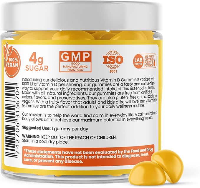 Calm by Wellness Vitamin D Gummies for Adults Vitamin D3 Gummy Vitamins for Bone and Immune System Support Lemon Flavor 30 Count