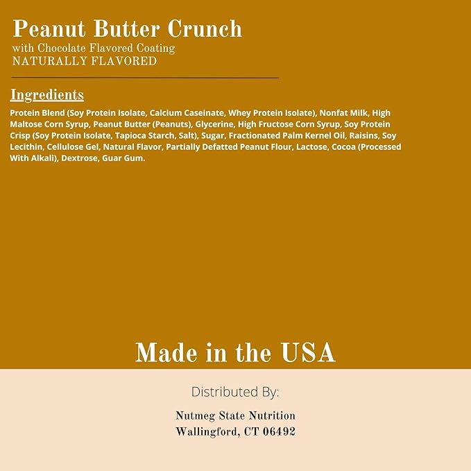 Nutmeg State Nutrition - High Protein Snack Bars 10g Protein 160 Calories Low Sodium 18g Carbs 1g Fiber 7 Servings Per Box (Peanut Butter Crunch)