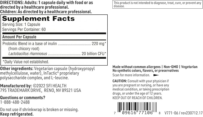 Klaire Labs SFI Health Ther-Biotic Factor 1 Probiotic - Lactobacillus Rhamnosus Single Species Probiotic - 20 Billion CFU - Gut + Immune Support - L Rhamnosus Probiotics - Hypoallergenic (60 Capsules)