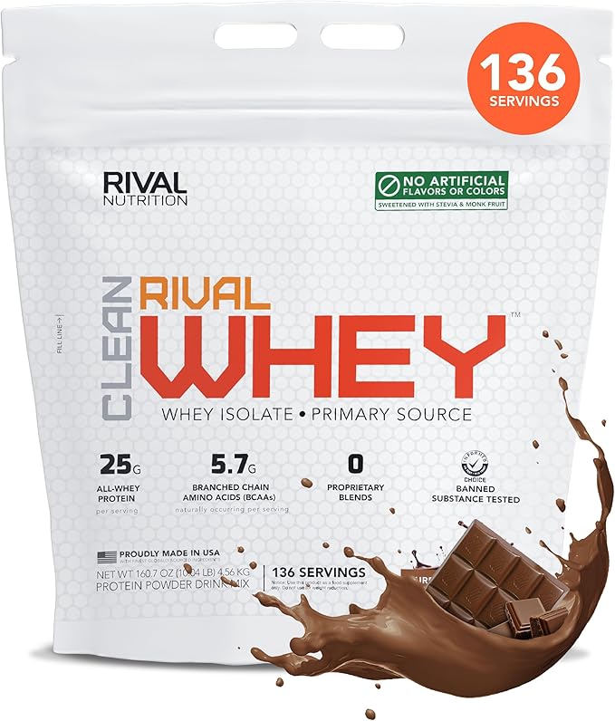 RIVAL NUTRITION Clean Rival Whey – 10LB Pure Chocolate – 100% Whey Protein Powder Whey Isolate Primary Source | 25g Protein Muscle Gain/Recovery | All Natural No Artificial Ingredients- 136 Servings