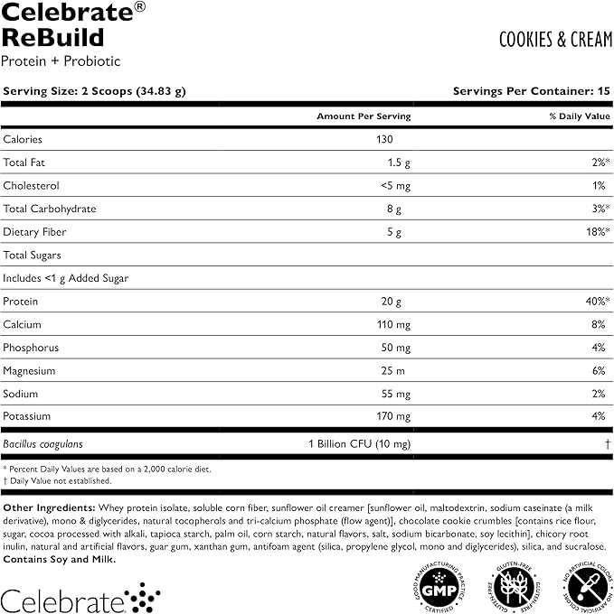 Celebrate Vitamins Rebuild Protein Powder with Probiotics &amp Prebiotics - 20g Whey Isolate Protein High Fiber for Post Bariatric Surgery Patients - Cookies &amp Cream (15 Servings)