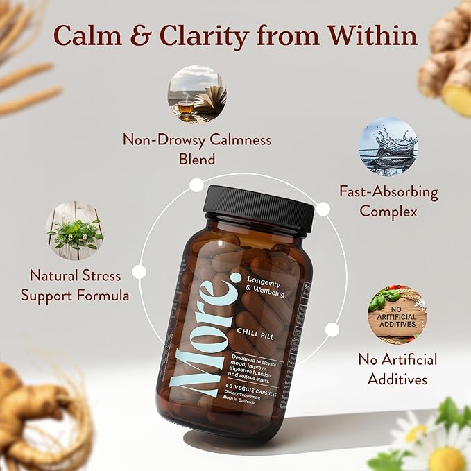More. Longevity &amp Wellbeing Chill Pill – Premium Mood Support with Adaptogens Ashwagandha Supplements Antioxidants Amino Acid &amp Plant Extracts for Stress Support &amp Digestion – No Filler