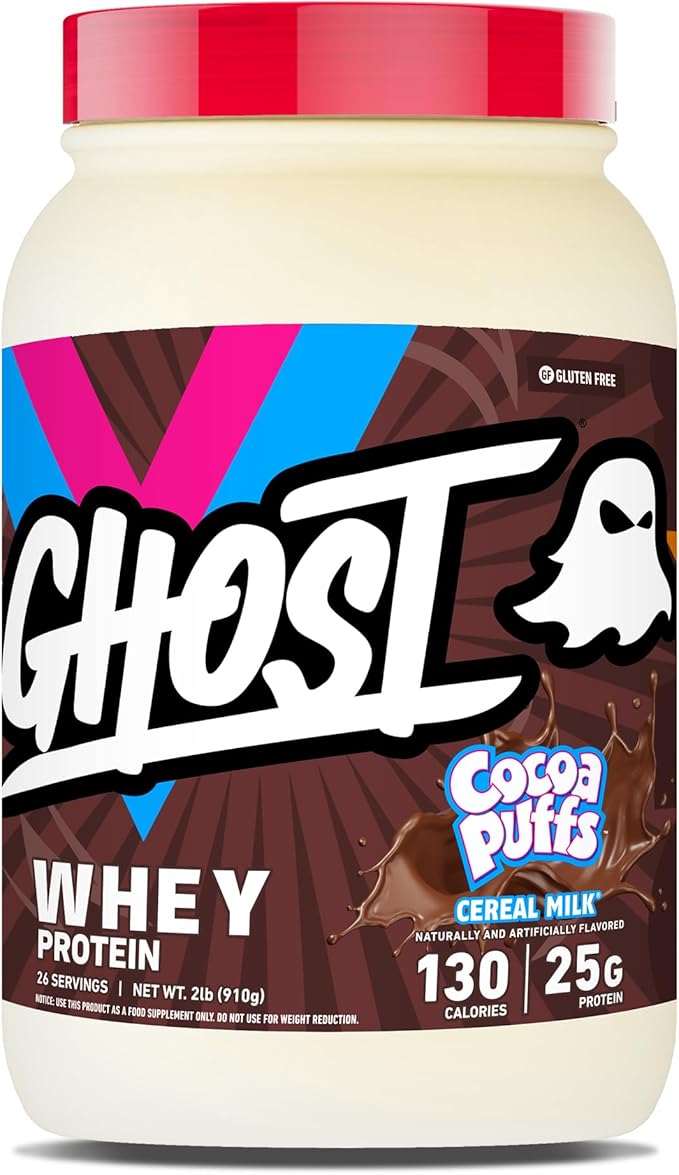 GHOST Whey Protein Powder Cocoa Puffs Cereal Milk - 2LB 25G of Protein - Whey Protein Isolate &amp Concentrate Blend - Post Workout Fitness &amp Nutrition Shakes Smoothies &amp Baking - Soy &amp