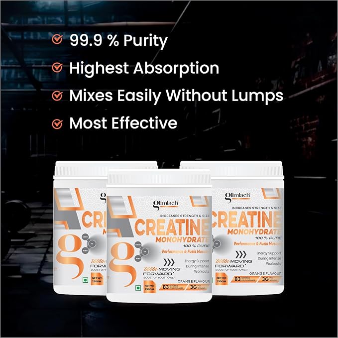 GLIMLACH Creatine Monohydrate | 83 Servings Per Container | Premium Micronized Creatine for Enhanced Strength Performance &amp Muscle Recovery (250 Gram Orange)