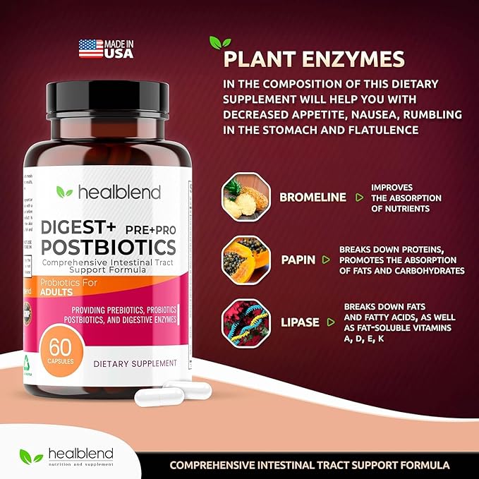 Digest + Postbiotics Supplement for Women and Men Multi Enzymes Organic Prebiotic &amp Probiotic for Digestive Health with Bromeline Papin and Lipase Non-GMO Gluten-Free 60 Vegetarian Caps (2)