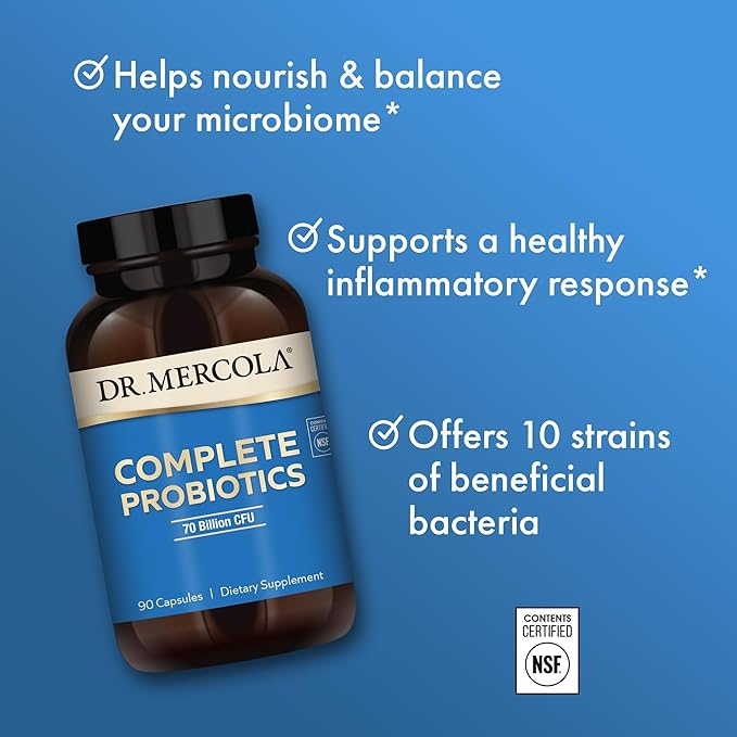 Dr. Mercola Complete Probiotics - 70 Billion CFU - Supports Immune Digestive &amp Gut Health - Features 10 Strains - Shelf Stable - GMO-Free Gluten-Free &amp Soy-Free - 90 Capsules (90 Servings)