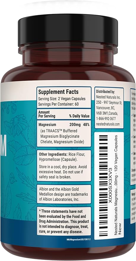 Nested Naturals Magnesium Glycinate Chelate - 200mg Chelated Magnesium Supplement for Muscle Cramps Relaxation &amp Sleep Support - 100% Albion TRACCS Buffered Magnesium Glycinate - 240 Vegan Capsu