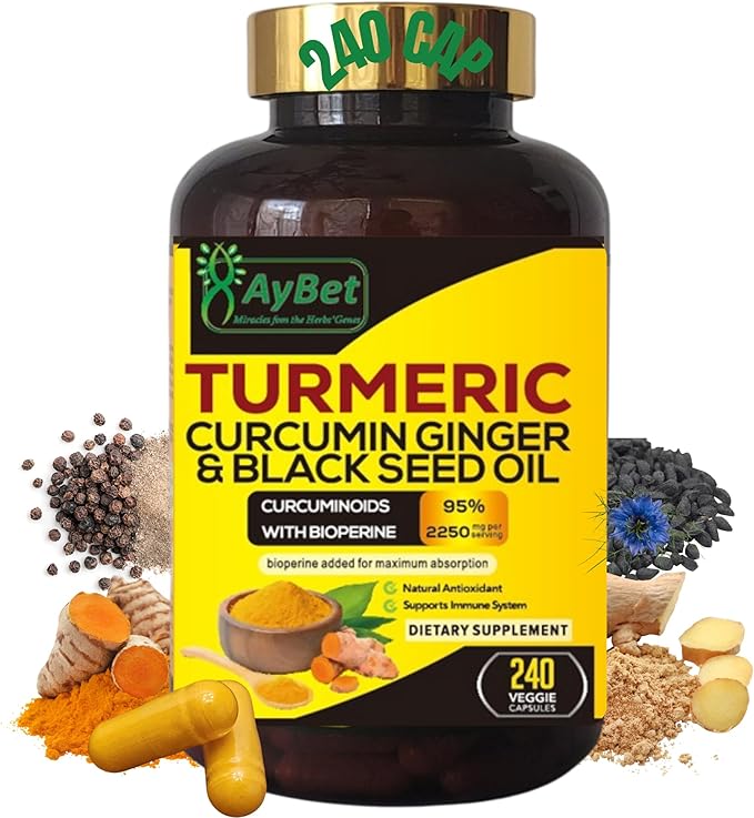 World 1st.Turmeric Curcumin Ginger&ampBlack Seed Oil 240 Caps 2250mg 95% Curcuminoids BioPerin Added Extra Strength Organic Halal Vegan Support Immune System Antioxidant Joint Support
