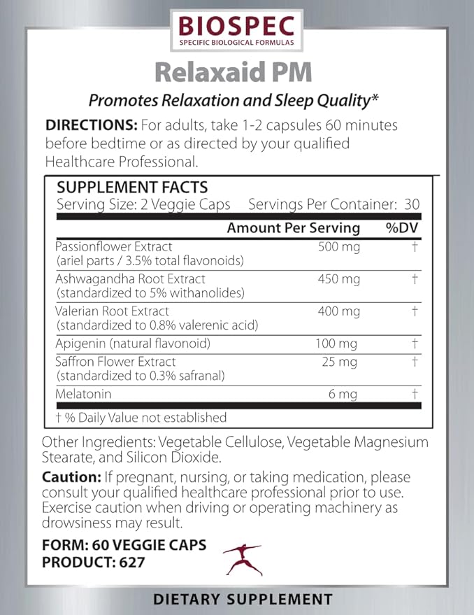 BIOSPEC NUTRITIONALS RELAXAID PM - Melatonin Saffron Ashwagandha Valerian Passionflower Apigenin Sleep Support
