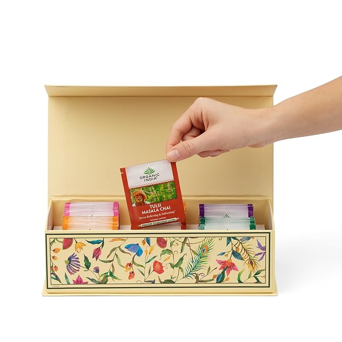 Organic India Tea Sampler Box Variety Pack - Tulsi Herbal Tea Gift Set Hot Tea Assortment Holy Basil Ashwagandha Turmeric Ginger Sweet Rose Original Sleep Masala Chai - 60 Tea Bags