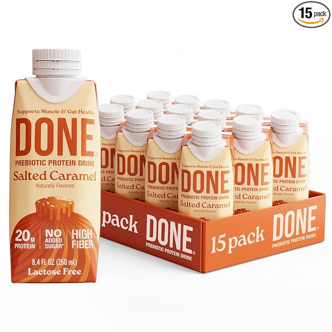 Done Prebiotic Protein Drink Salted Caramel 20G Whey Protein High Fiber Protein Shake With Prebiotics Gluten Free Lactose Free No Added Sugar Natural Flavor Non GMO 8.4 FL Oz Each 15 Pack