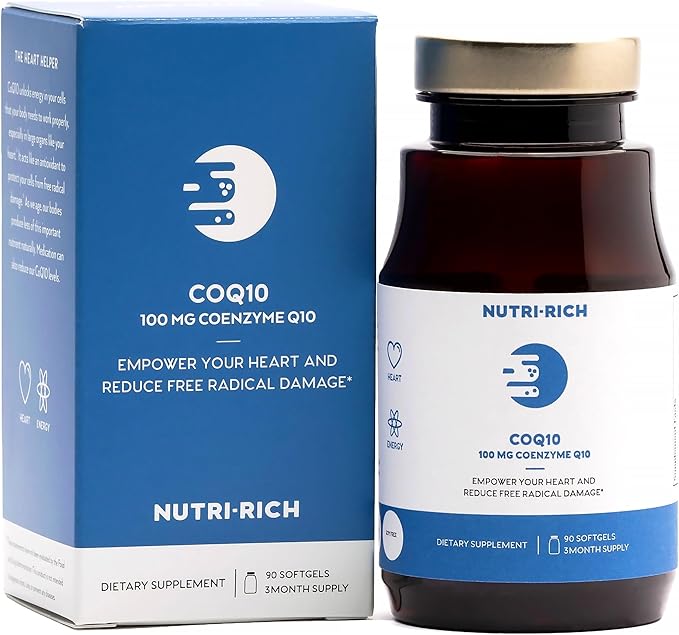 Nutri-Rich CoQ10 Softgels Coenzyme Q10 Ubiquinone for Heart &amp Energy Statin Usage &amp Cellular Health Third Party Tested GMP Quality No Artificial Additives No Soy Gluten Free 90 Count