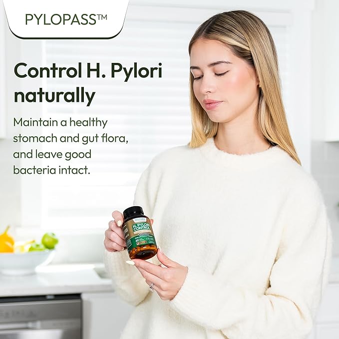 H Pylori Control - with Pylopass™ - Lactobacillus Reuteri DSM 17648-60 Capsules - 200 Billion CFU/g - Supports Elimination of Bad Bacteria in Stomach &amp Gut - GMP - Additive Free