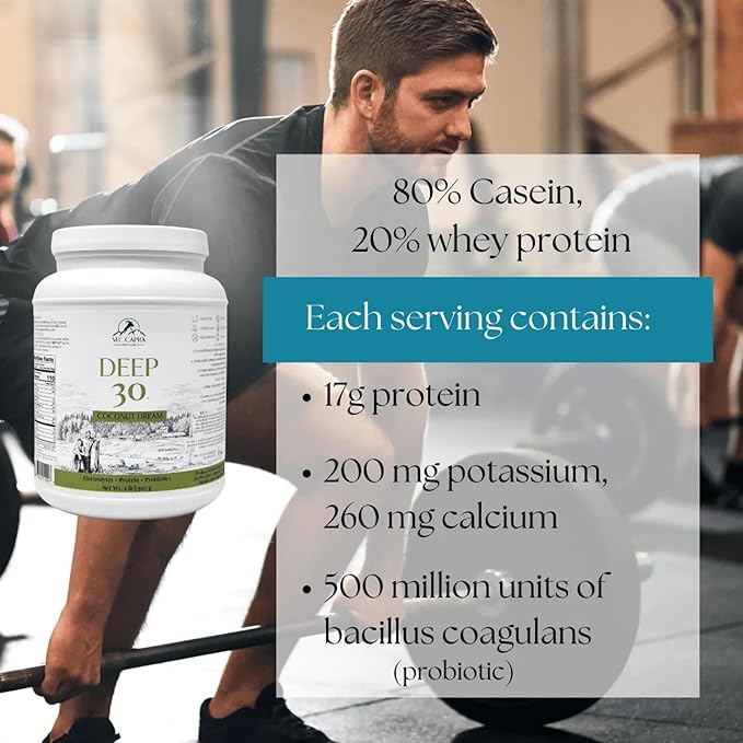 Mt. Capra Deep 30 | Meal Replacement Shake Goat Protein Powder with Grass-Fed Whey Protein Casein Protein Minerals and BC-30 Probiotics | Coconut Dream | 30 Servings - 2 Pounds