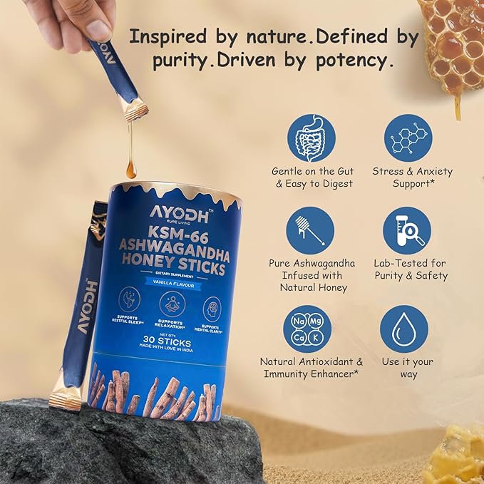 Ashwagandha Honey Sticks Ashwagandha KSM 66 Vanilla Syrup W Raw Honey Ashwagandha for Women/Men Easy To Consume Supports Relaxation Stamina Calmness &amp Immunity – Pack of 30 (0.25 Oz Each)