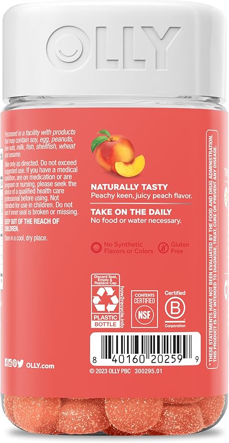 OLLY Probiotic + Prebiotic GummyDigestive Support and Gut Health500 Million CFUsFiberAdult Chewable Supplement for Men and WomenPeach60 Day Supply -60 Count (Pack of 2)