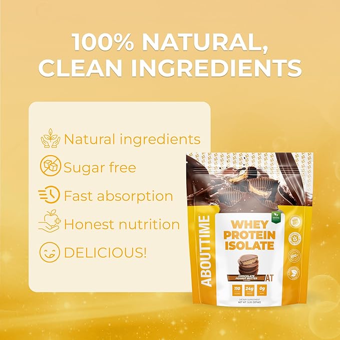 About Time Whey Protein Isolate Powder 24g Chocolate Peanut Butter Natural Ingredients Non-GMO Gluten-Free Lactose-Free Zero Sugar Low Carb 32 Servings
