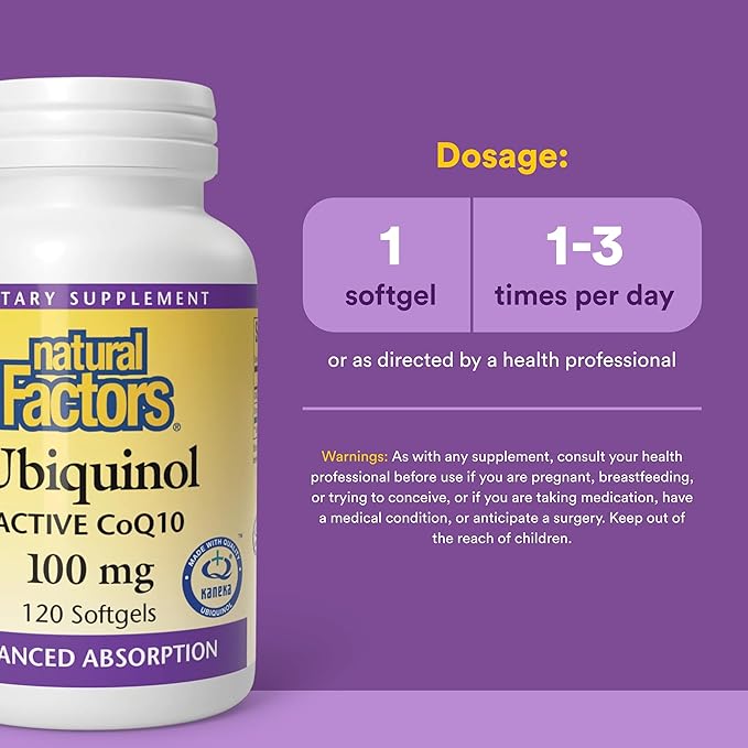 Natural Factors Ubiquinol 100 mg - Supports Heart Health &amp Natural Vitality - Antioxidant Support Supplement with Superior Absorption - Energy Support with Flaxseed Oil - 120 Softgels (120 Serving