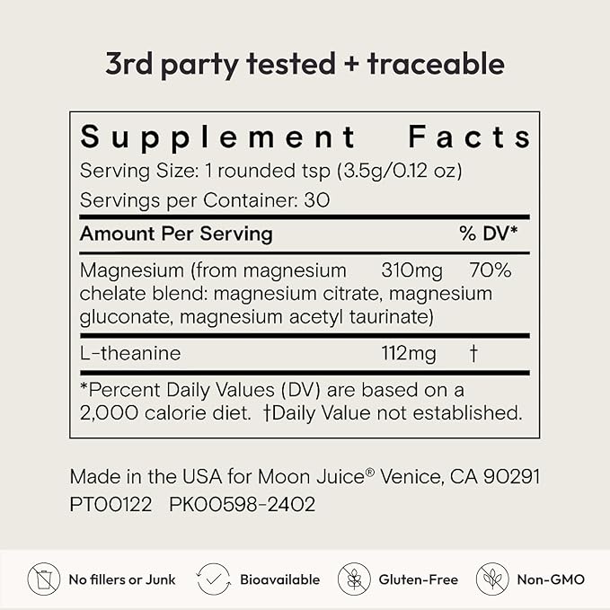 Moon Juice Magnesi-Om Magnesium Powder Supplement - Chelated Magnesium Complex + L-Theanine Blend for Rest Relaxation &amp Regularity - Vegan Non-GMO &amp No Sugar Unflavored 3.9 oz 30 Sevings