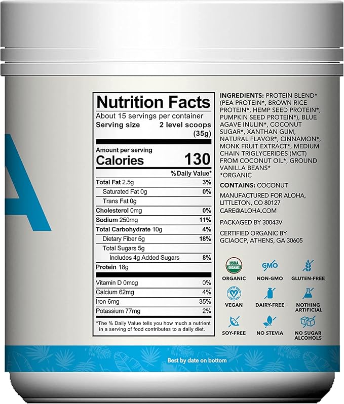 ALOHA Organic Plant Based Protein Powder Stevia Free Vanilla 19.6 oz 15 Servings PACKAGING MAY VARY