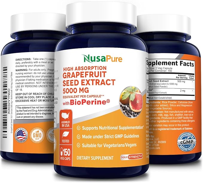 NusaPure Grapefruit Extract 5000 mg per Capsule (Extract 10:1) Bioperine 150 Veggie caps (Gluten Free &amp Non-GMO)
