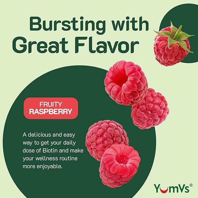 YumVs Biotin Gummies 5000mcg - Luscious Raspberry Flavor - Thicker Faster Hair Growth Gummies for Women or Men - Hair Skin &amp Nails Vitamins - Hair Gummy - Vegetarian Biotin Supplement (60 Ct. 2p
