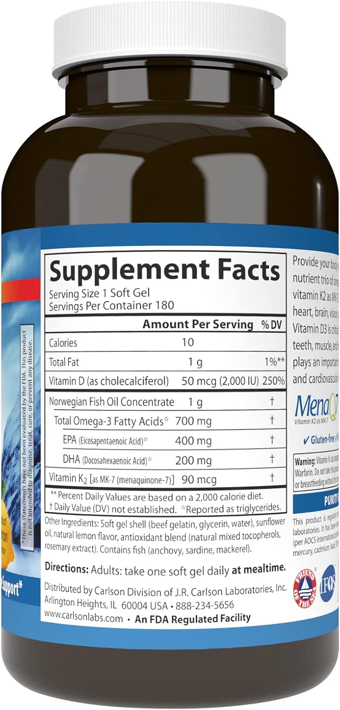 Carlson - Elite Omega-3 Plus D &amp K 700 mg Omega-3s + D3 &amp K2 Function Bone Health &amp Immune Support Lemon 180 Softgels