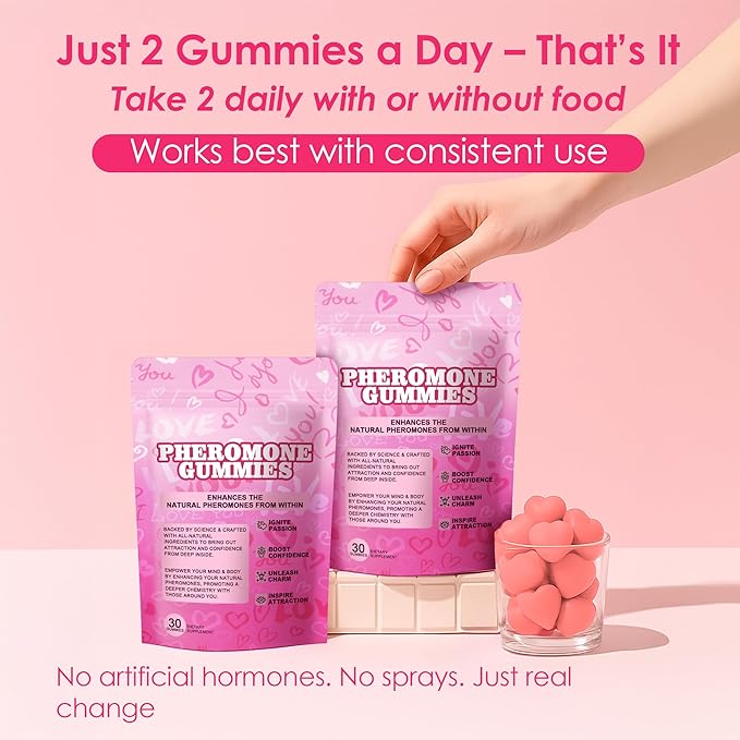 Pheromone Gummies for Women with Slippery Elm- Enhance Your Confidence &amp Attraction - Natural Hormone Balance &amp Body Odor Support Non-GMOGluten-FreeStrawberry Flavor– 60 Vegan Gummies