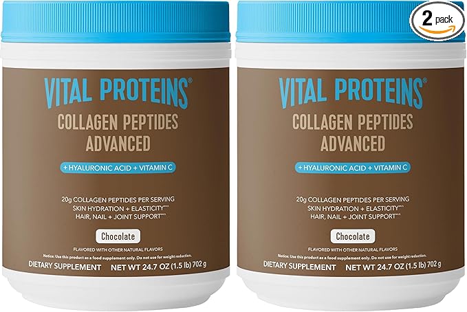 Vital Proteins Collagen Peptides Advanced Hydrolyzed Peptides with Hyaluronic Acid and Vitamin C - Chocolate Flavor Powder 24.7oz (Pack of 2)