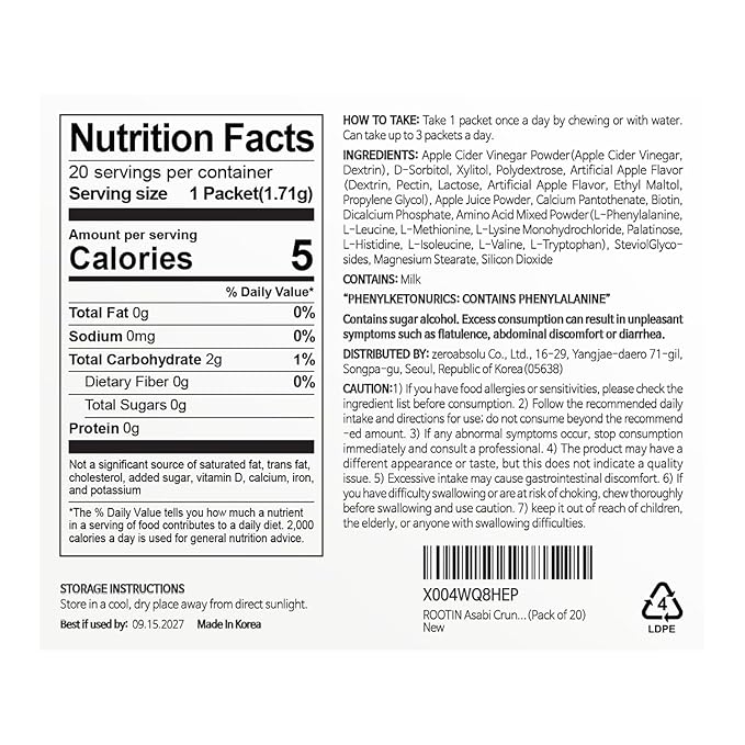 ROOTIN Apple Cider Vinegar Crunch 43% ACV Powder Sweet Chewable After-Meal Freshness Snack Waterless Portable Stick Packs Low Calorie Wellness Supplement 20 Sticks (1.2 oz)
