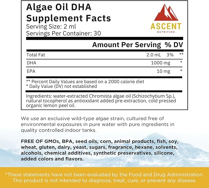 Ascent Nutrition Algae Oil DHA Omega-3's | Vegan and Vegetarian | 1000 mg DHA and 10 mg EPA | Organic Lemon Flavor | 60ml