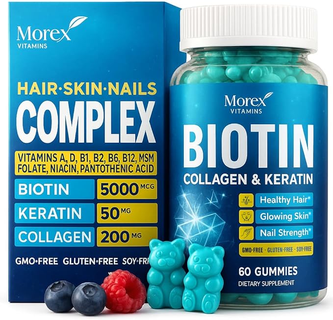 Biotin Gummies with Collagen &amp Keratin - Hair Growth Support Skin and Nail Strength Vitamins for Women &amp Men - Vitamin B7 + B-Complex MSM Bamboo Extract - Beauty Chew Supplement - 60 Gummy