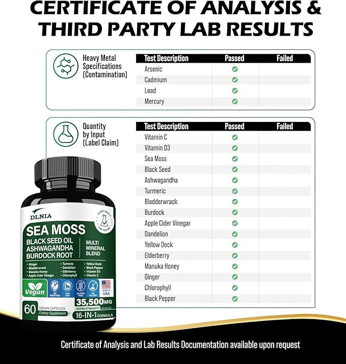 16-in-1 Organic Sea Moss Gel Alternative Capsules – Superfood Blend with Ashwagandha Black Seed Oil Turmeric Bladderwrack Burdock Elderberry Manuka Dandelion Yellow Dock Vitamin C &amp D3