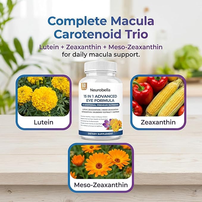 Neurobella Eye Formula - Neurobella 15 in 1 Advanced Eye Formula with All 3 Carotenoids Lutein &amp Zeaxanthin Bilberry Extract and Saffron 60 Capsules