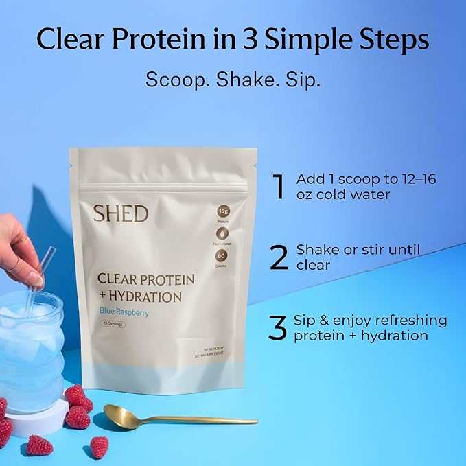 Clear Protein Powder with Electrolytes by Shed 15g Whey Protein Isolate Low Calorie and Lactose Free Light and Clean Hydration Drink Bloat-Free Post Workout Supplement Blue Razz (15 Servings)