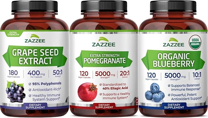 Zazzee Ultimate Anti Aging Antioxidant Bundle | Polyphenol Rich 10:1 Blueberry Extract and Super Concentrated Grape Seed with 20:1 Extra Strength Pomegranate Extract | Non-GMO Vegan &amp ISO Lab Test