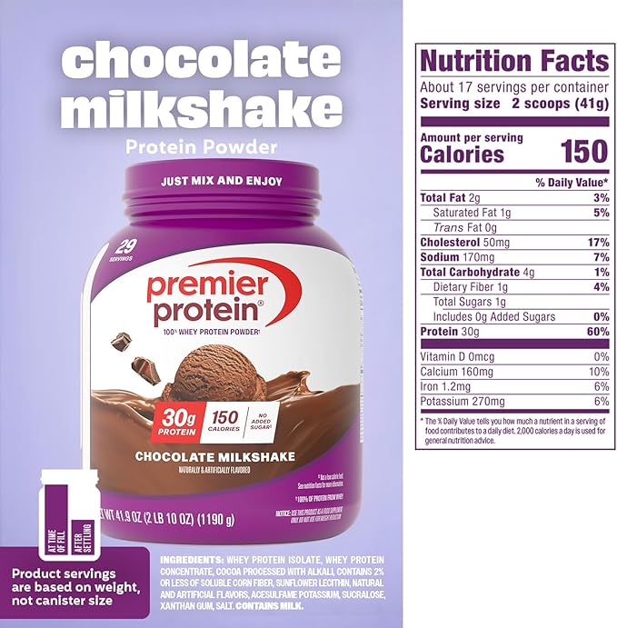 Premier Protein Powder Chocolate Milkshake 30g Protein 1g Sugar No Soy Gluten Free 41.9oz (29 Servings)