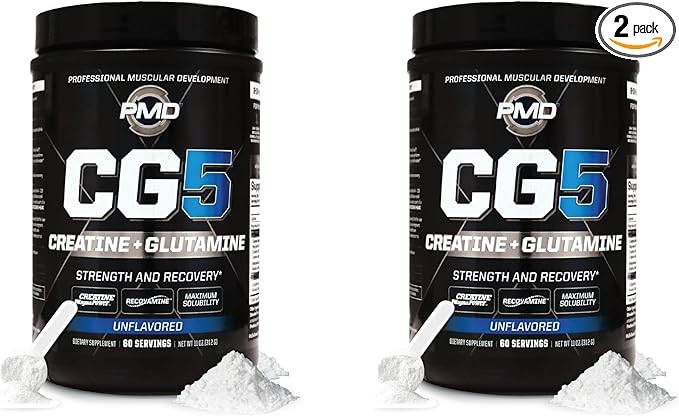 PMD Sports CG5 Premium Creatine &amp L Glutamine Powder Power Recovery Build Lean Muscle Increase Workout Performance Maximum Strength Pre Workout &amp Post Workout Unflavored 60 Servings (Pac