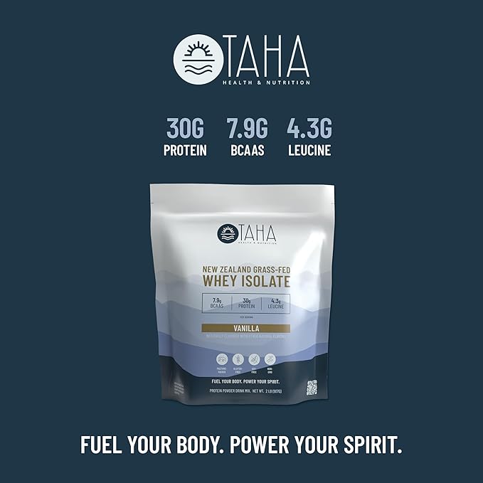 Taha Health &amp Nutrition Vanilla Whey Protein Isolate Powder 30g Protein 7.9g BCAAs 4.3g Leucine | New Zealand Free-Range Grass-Fed Dairy | Gluten-Free Keto Kosher | 2LB 25 Servings
