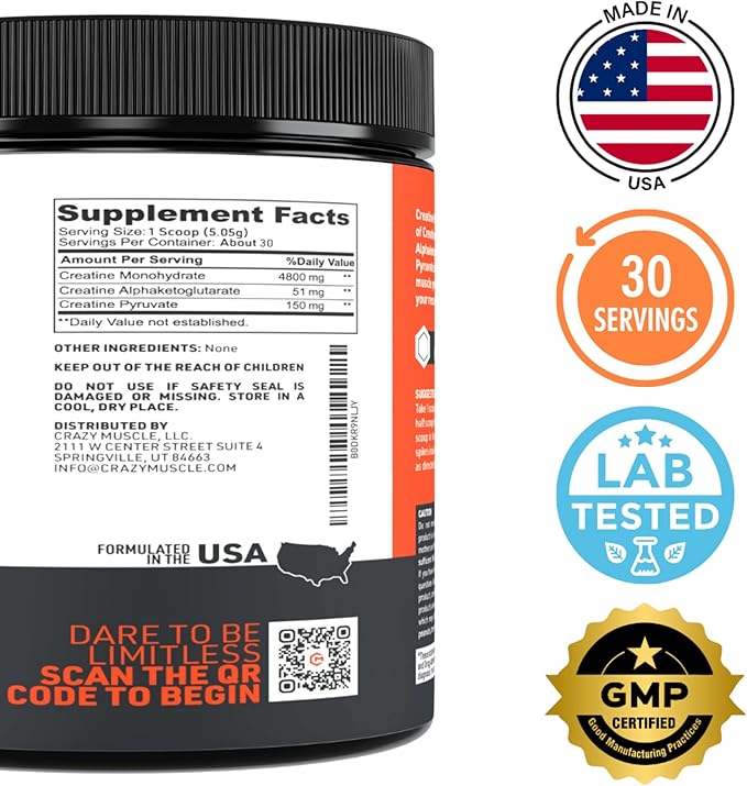 Crazy Muscle Creatine Monohydrate Powder 5000mg Premium 3X ThreeAtine Pre Workout Mass Gainer High Absorption Easy to Take Powder Optimum Performance for Men &amp Women 30 Servings