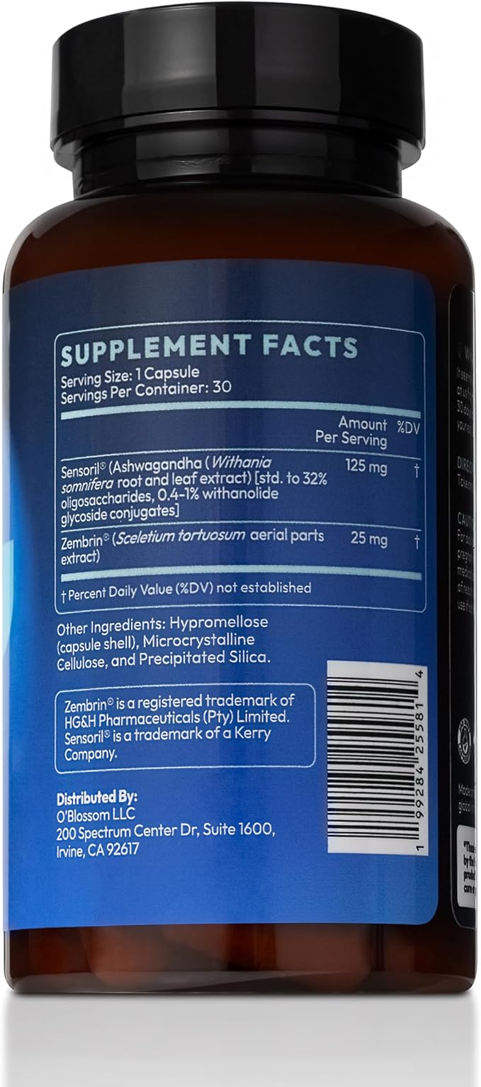 O'blossom Stress Release Ashwagandha Sensoril Zembrin Supplements – Clinically Studied Stress Relief with True Rapid Calm Mood Support in 2 Hours Cognitive Enhancement and Healthy Sleep Pattern