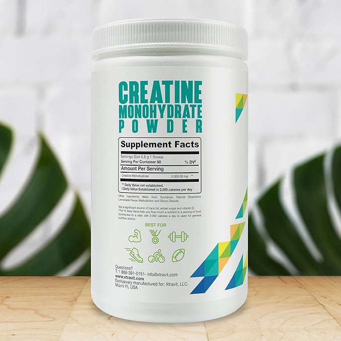 Creatine Monohydrate Powder Supplements – Strawberry Lemonade Flavored Drink Mix for Men &amp Women - Support Muscle Gains &amp Strength - Pure Filler &amp GMO Free Supplement 5000mg 15.8 oz