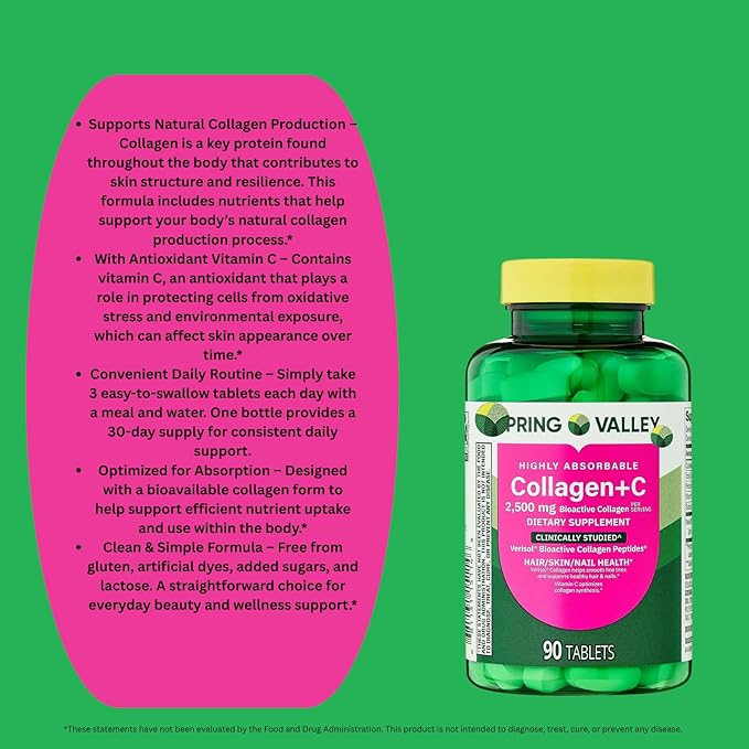 Pack of 1 SPR-ing Valle C Tablets for Hair/Skin/Nail Health 2500 mg 90 Count Highly Absorbable Collagen Plus Vitamin C + Exclusive nnh Guide Included