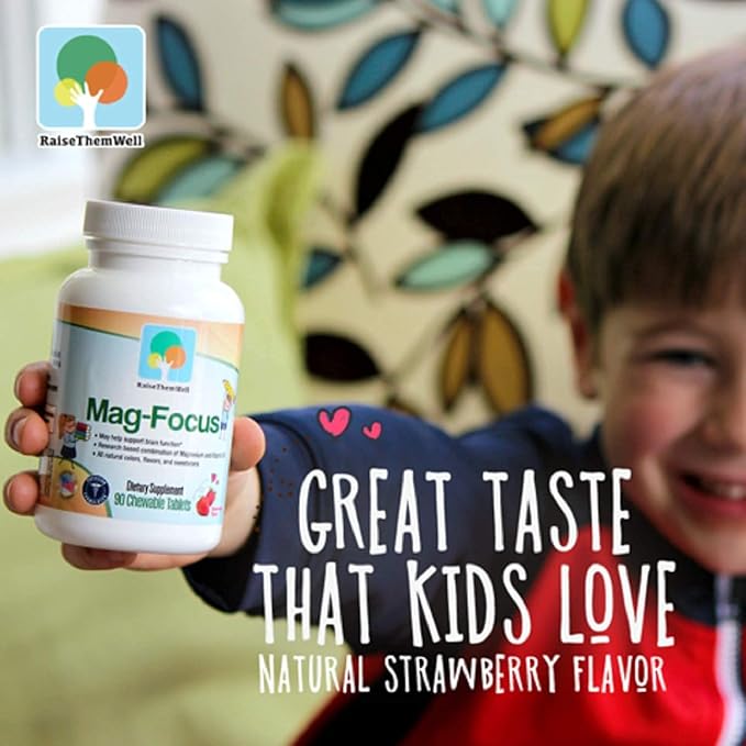 Raise Them Well Magnesium Focus Supplement for Kids | Natural Strawberry Flavored | 90 Chewable Tablets